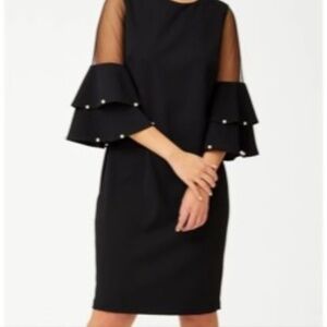 I LE New York Sheer Ruffle Pearl Detail Sleeve Scoop Neckline Sheath Dress